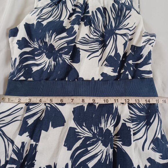 Per Una Floral Linen Dress Pure Linen Blue White Sleeveless Tropical Size 10 - Picture 13 of 14